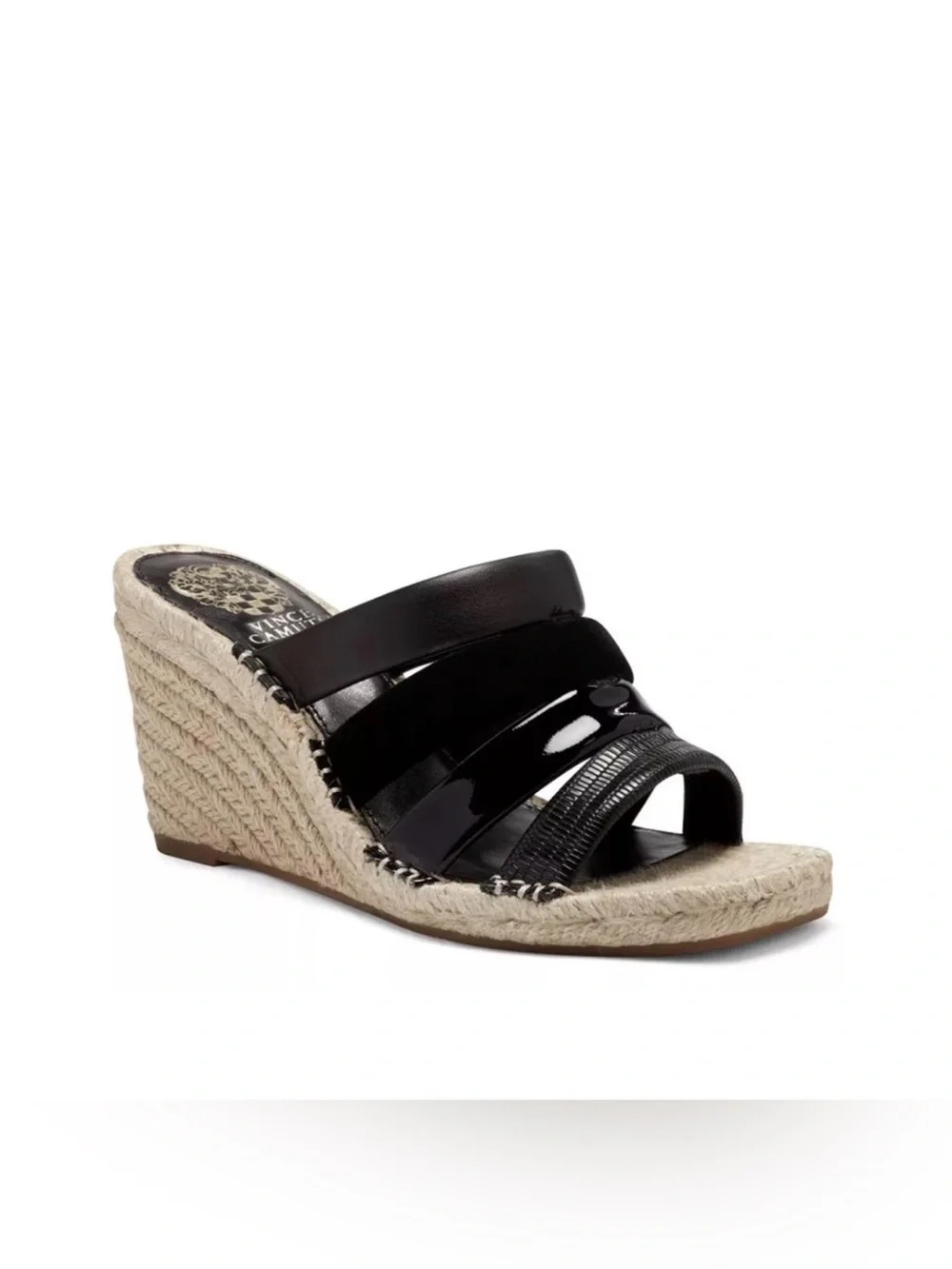 Vince Camuto Black Multi-Strip Espadrille Wedge Mule